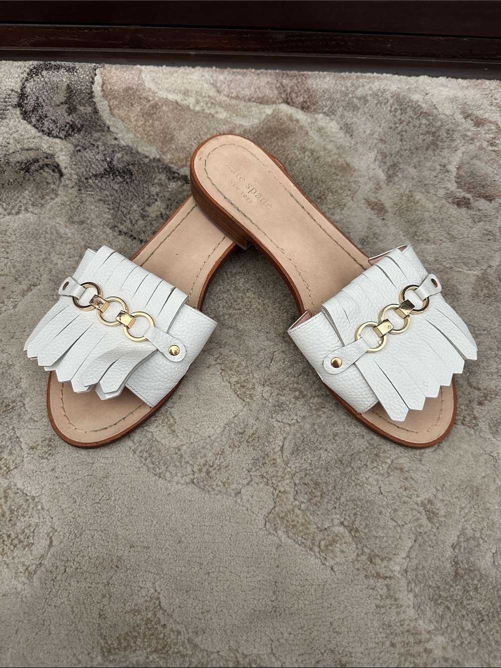 kate spade White Leather Fringe Slide Sandals with Gold-Link Accent